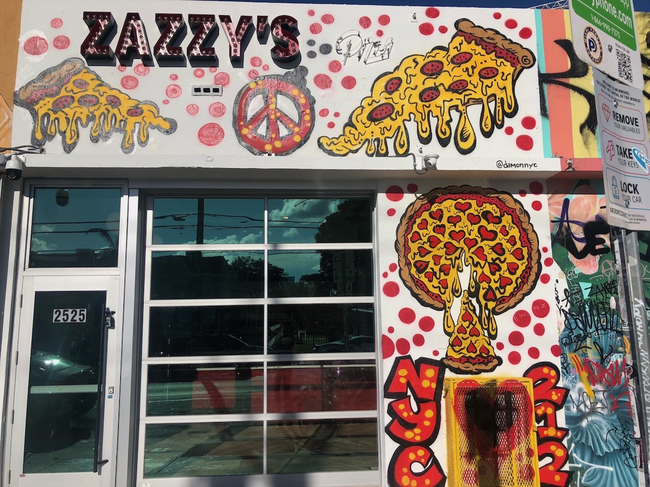 The storefront of Zazzy's Pizza in Wynwood